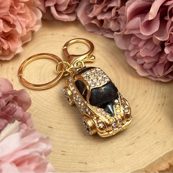 Retro Black and Gold Crystal Coupe Car Keychain Charm - Picture 10 of 16